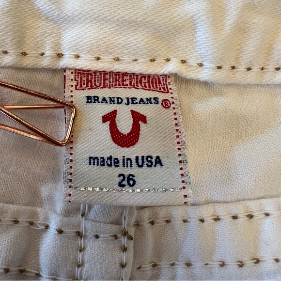 True Religion Joey Big T Y2K Gold Embroidered Flare White Denim Jeans Size 26 - Picture 9 of 14